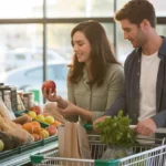 Couple grocery shopping for produce and pantry staples in Apache Junction, AZ