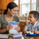 Mother and son happily sorting coupons at kitchen table in Maricopa home