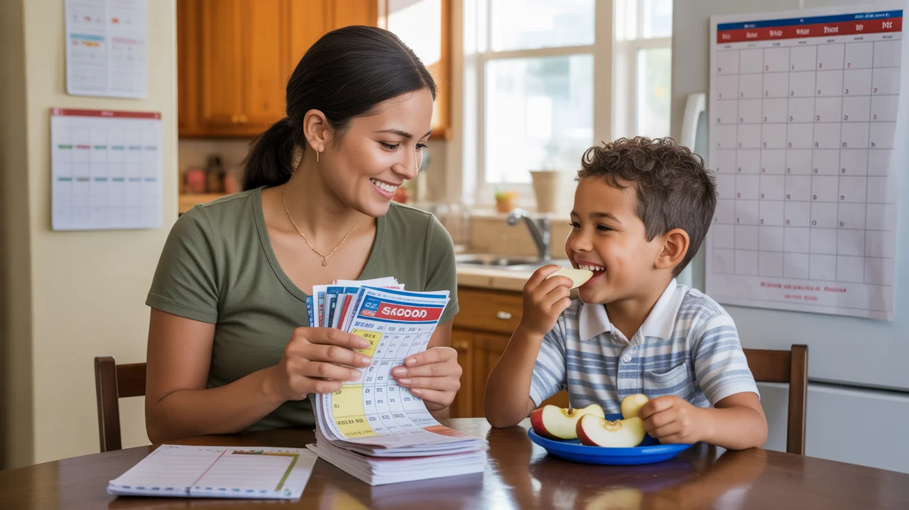 Mother and son happily sorting coupons at kitchen table in Maricopa home