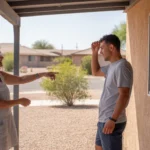 Neighbors chat briefly under carport shade in Buckeye, AZ summer heat