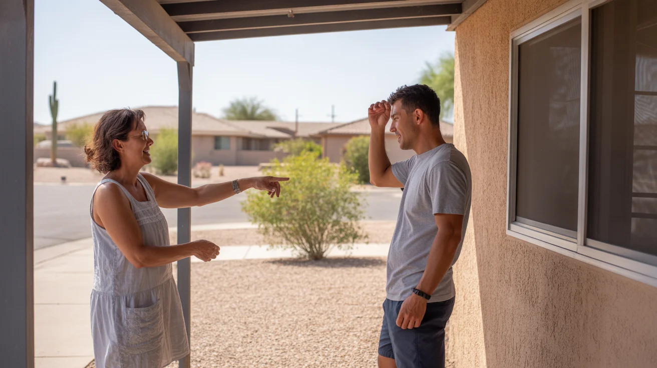 Neighbors chat briefly under carport shade in Buckeye, AZ summer heat
