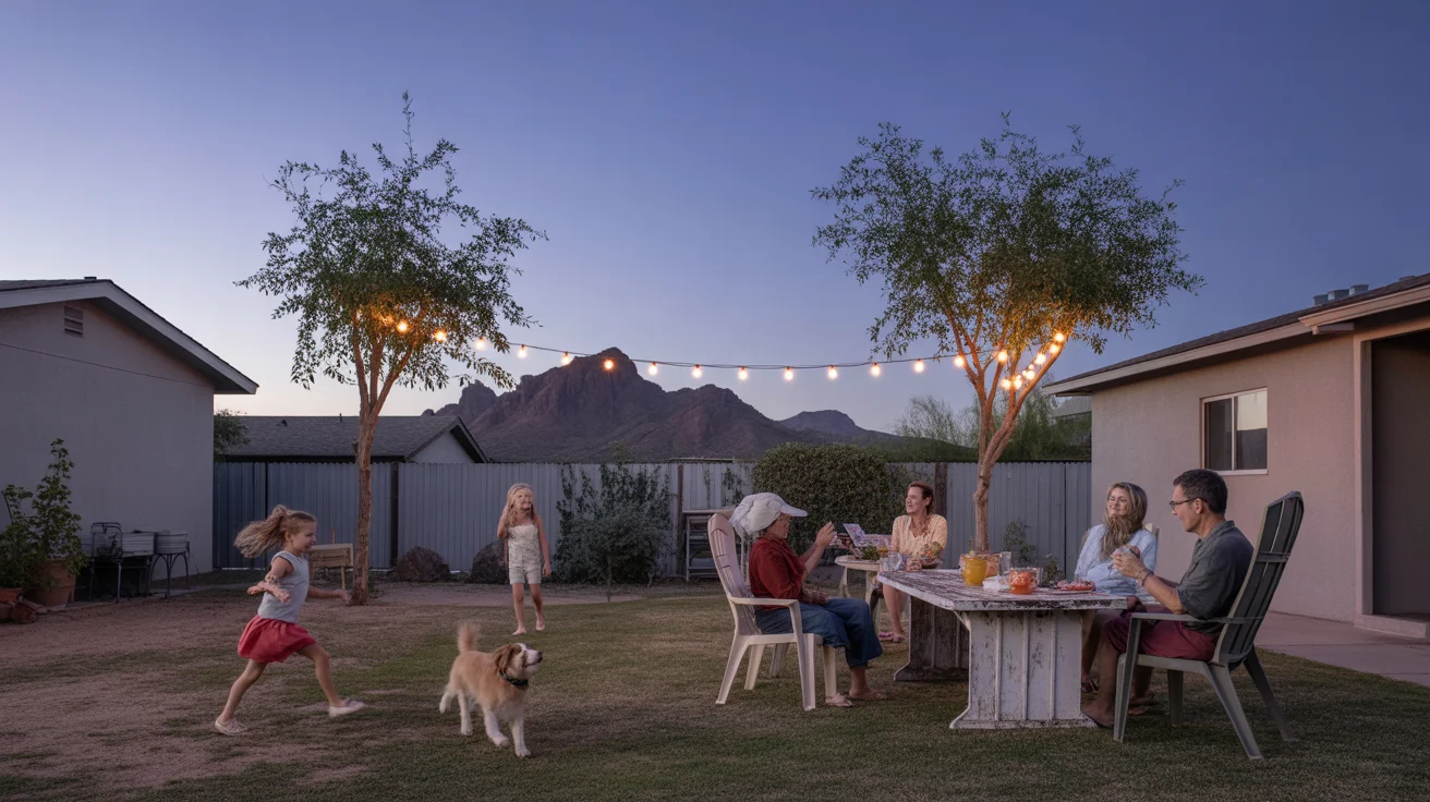 Friends and neighbors gather in a backyard in Apache Junction, AZ at dusk