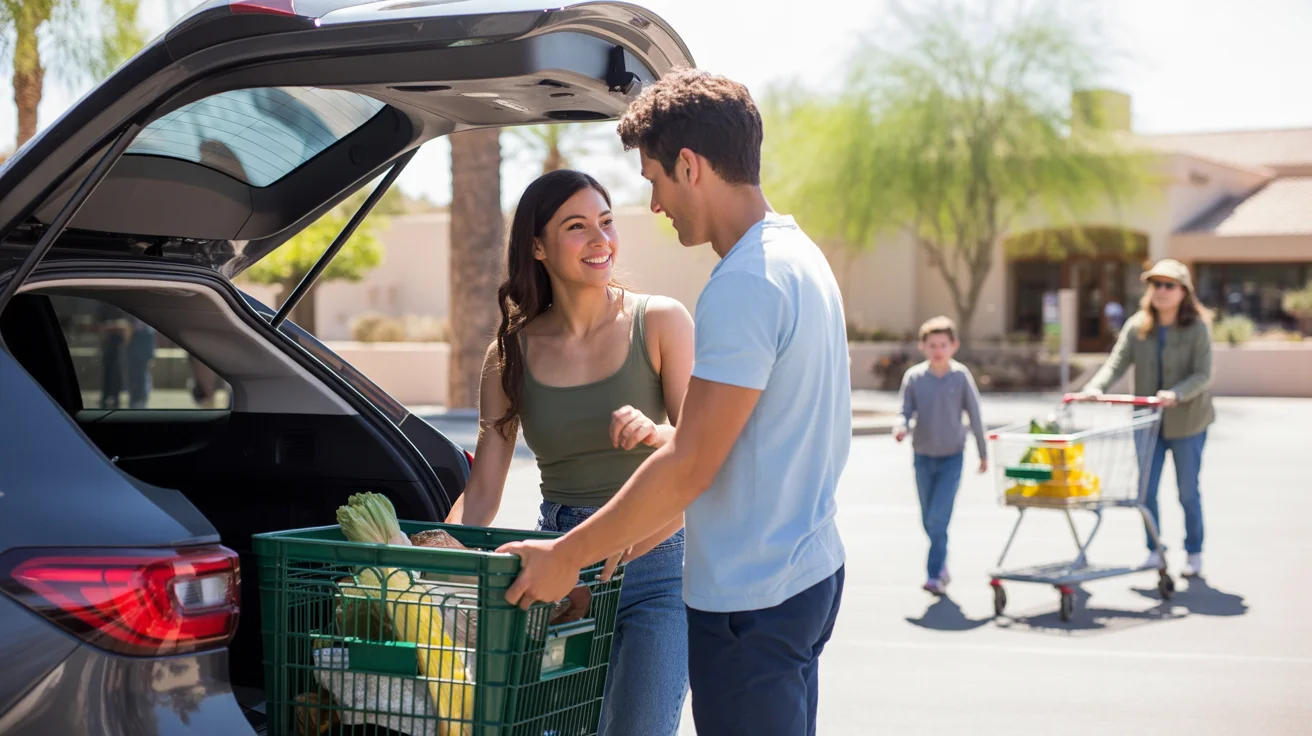 Couple unloading groceries outside neighborhood market in San Tan Valley, AZ