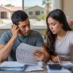 Couple reviewing utility bills and budgeting at kitchen table in El Mirage home