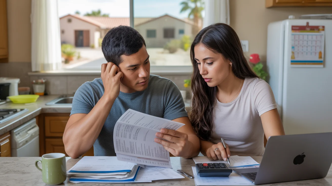 Couple reviewing utility bills and budgeting at kitchen table in El Mirage home