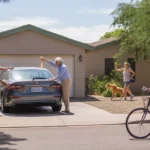 Older couple outside their Chandler home, waving to neighbors on a sunny day