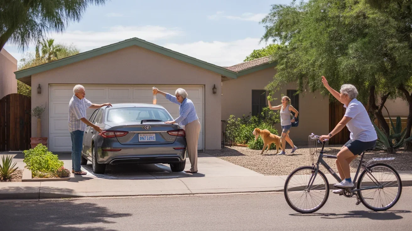Older couple outside their Chandler home, waving to neighbors on a sunny day