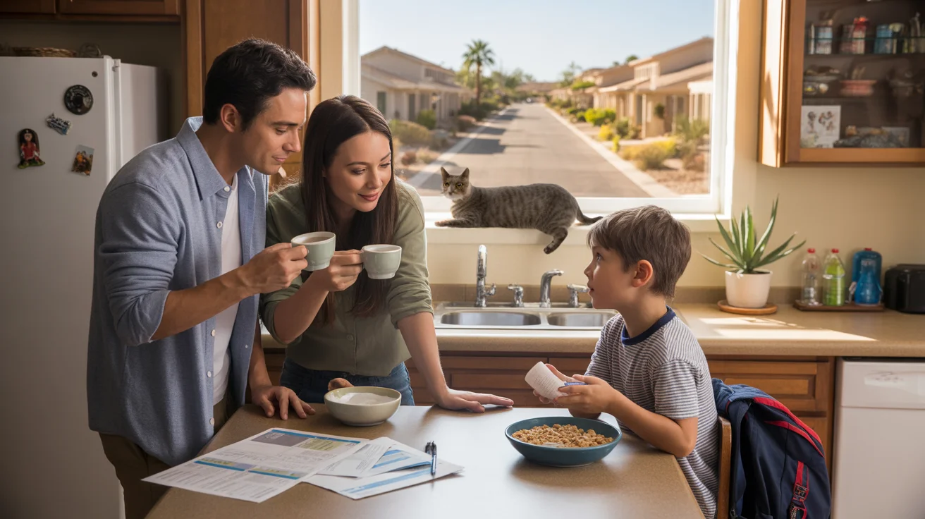 A family reviews their monthly budget in the kitchen of their Goodyear, Arizona home
