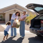 A family brings in groceries at their affordable home in Glendale, AZ