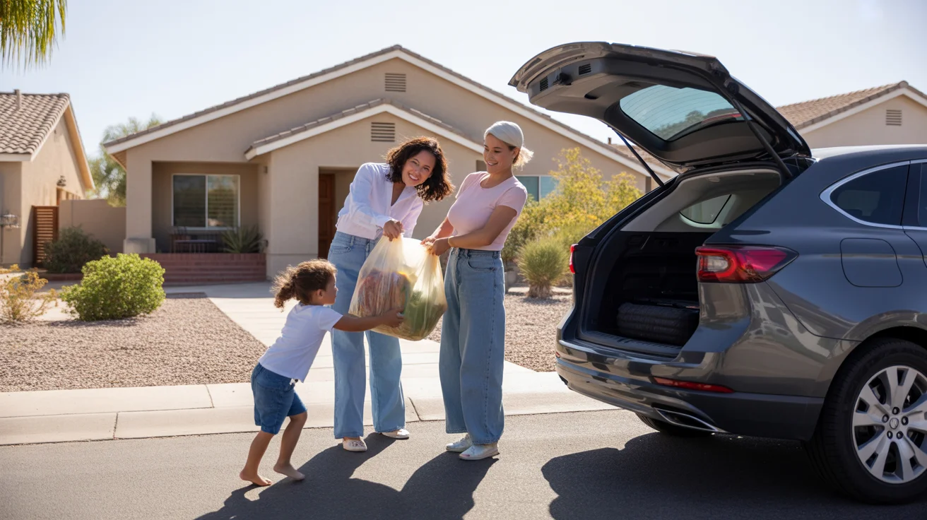 A family brings in groceries at their affordable home in Glendale, AZ