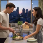 Couple cooking dinner in modern Tempe apartment kitchen