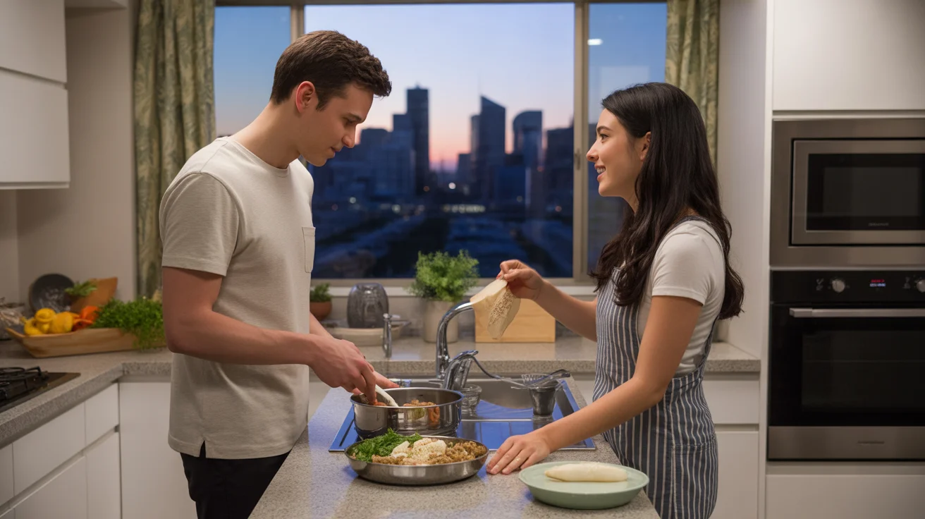 Couple cooking dinner in modern Tempe apartment kitchen