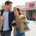 Couple walking out of Fry's grocery store in Surprise, AZ carrying reusable shopping bags