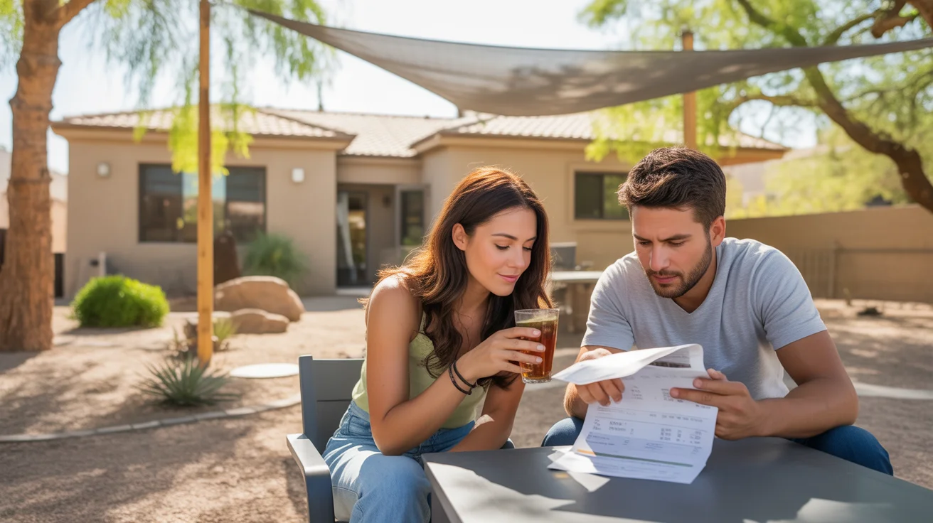 Couple reviewing electric bill on tablet under shade in backyard