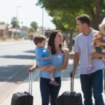 A family with young children and luggage waiting at a bus stop in Tempe, Arizona on a sunny day.