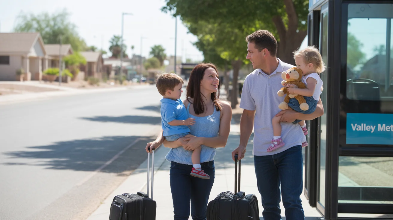 A family with young children and luggage waiting at a bus stop in Tempe, Arizona on a sunny day.