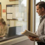 Man waiting at Apache Junction city office window to process permit paperwork