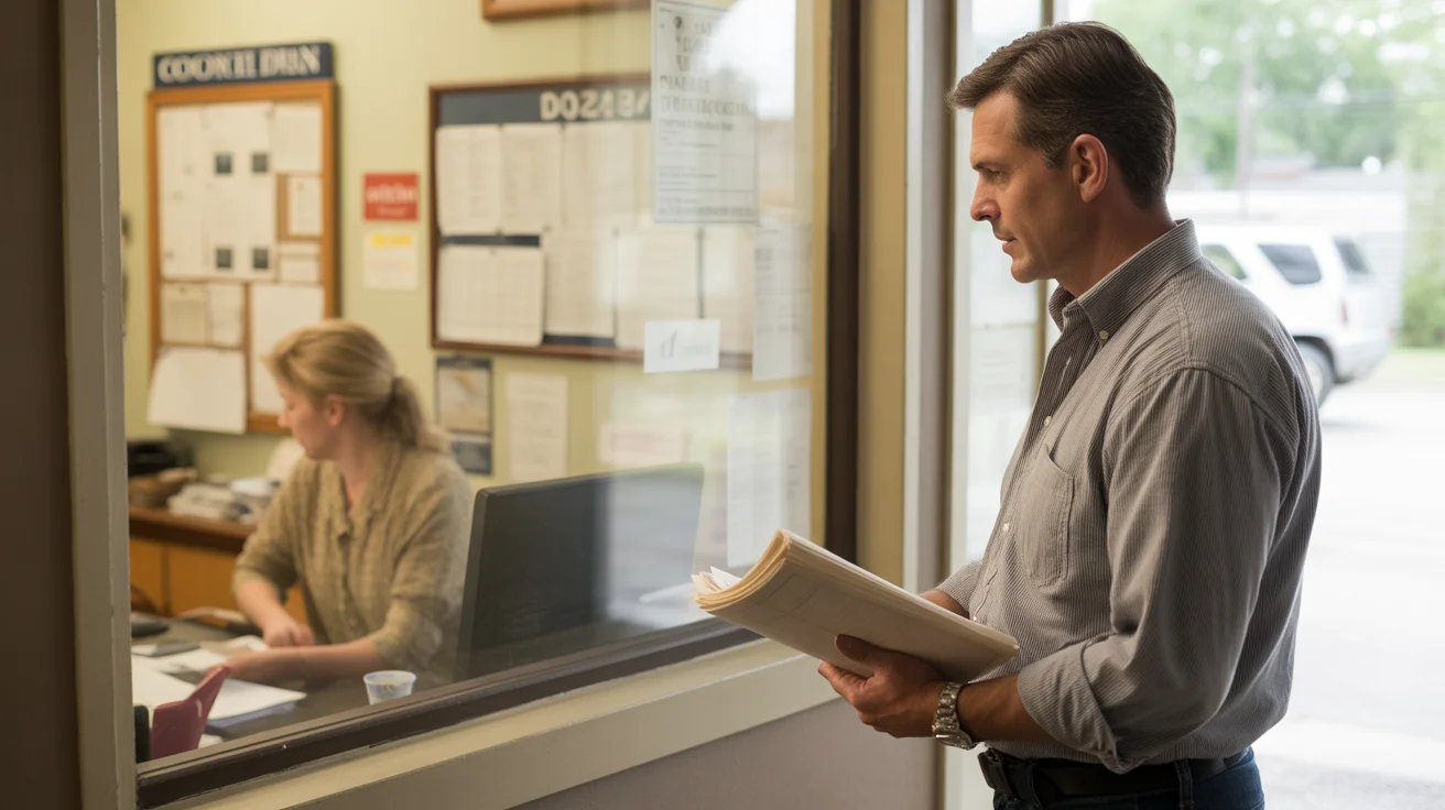 Man waiting at Apache Junction city office window to process permit paperwork