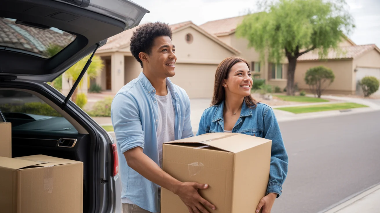 Couple unloading moving boxes in front of their new suburban home in Mesa, AZ