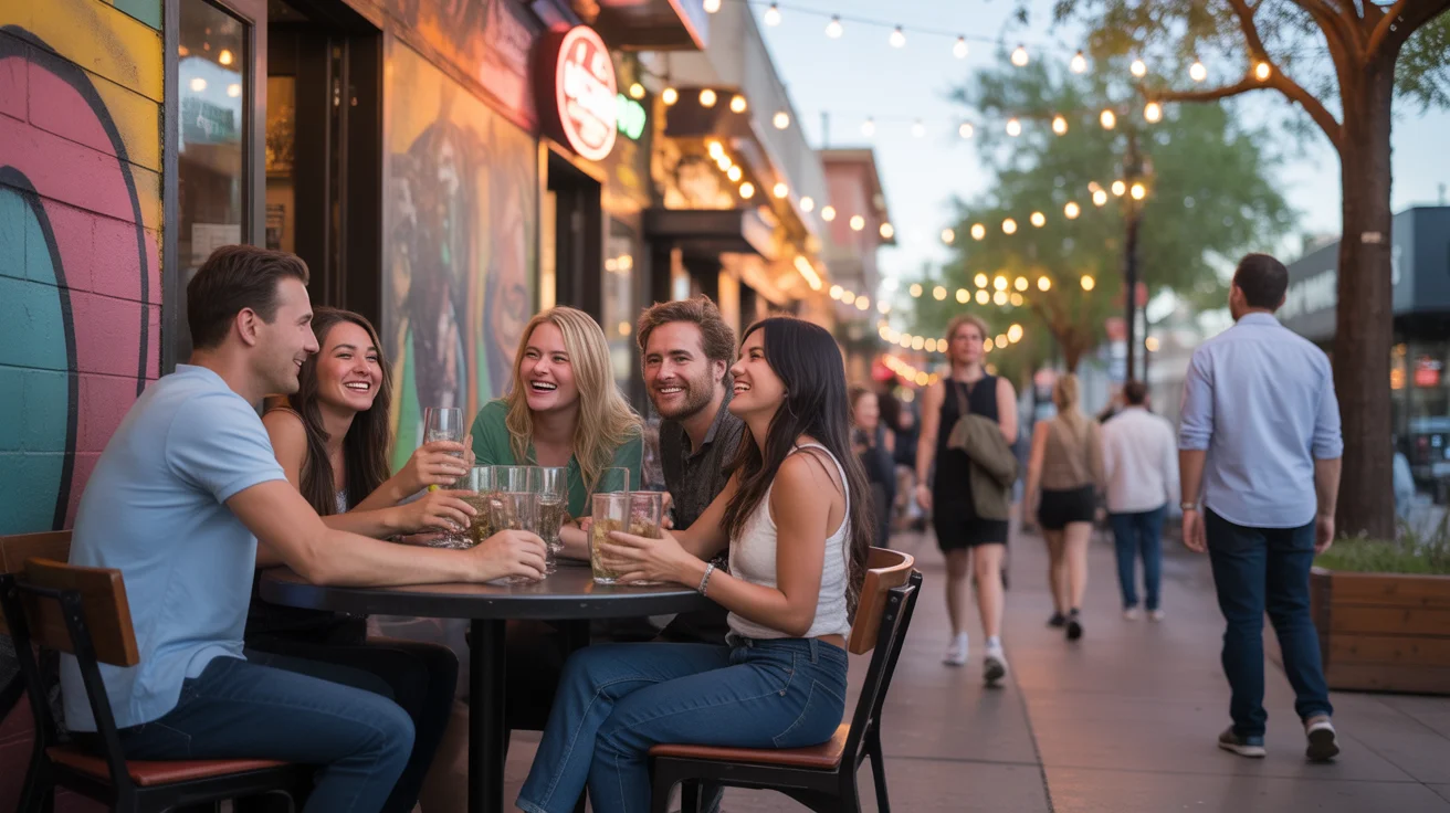 Friends dining on a vibrant restaurant patio in downtown Tempe, AZ at night