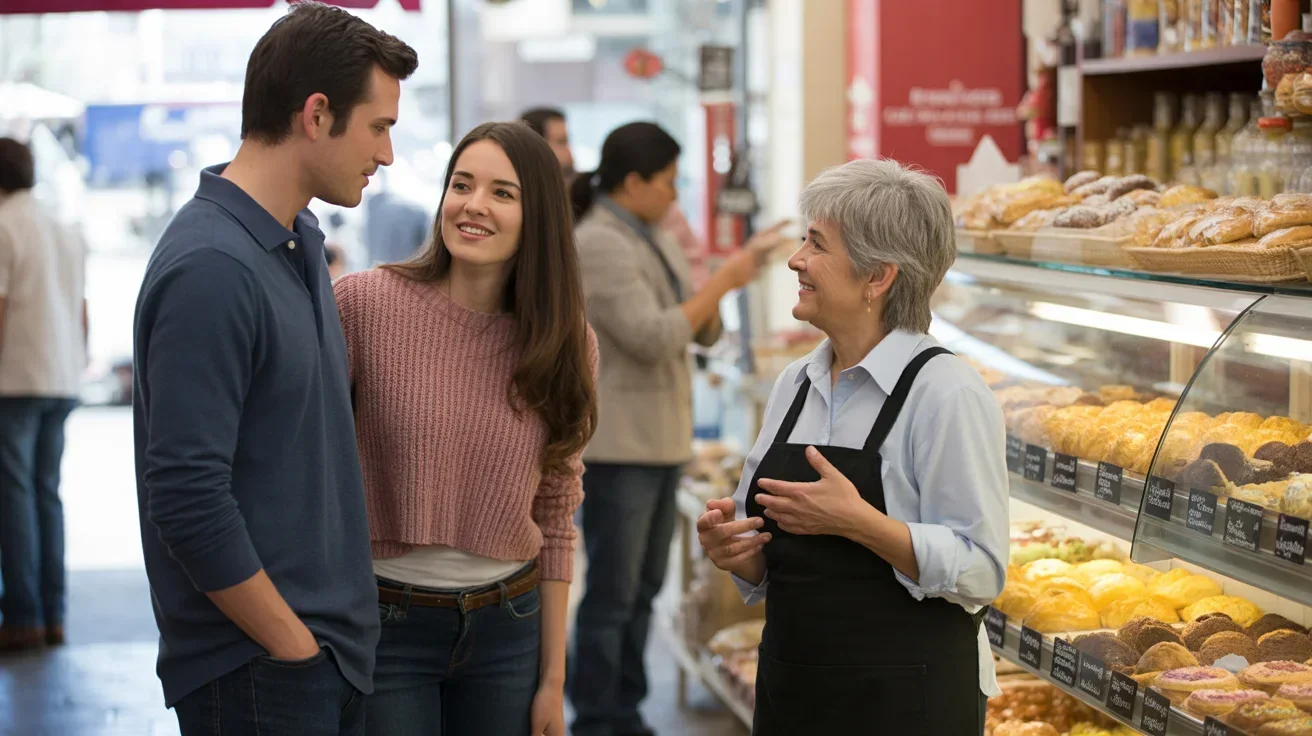 A couple interacts with a local business owner inside a lively bakery in Mesa, Arizona