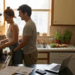 A young couple cooks dinner together in a small, warmly lit apartment kitchen in Tempe, AZ