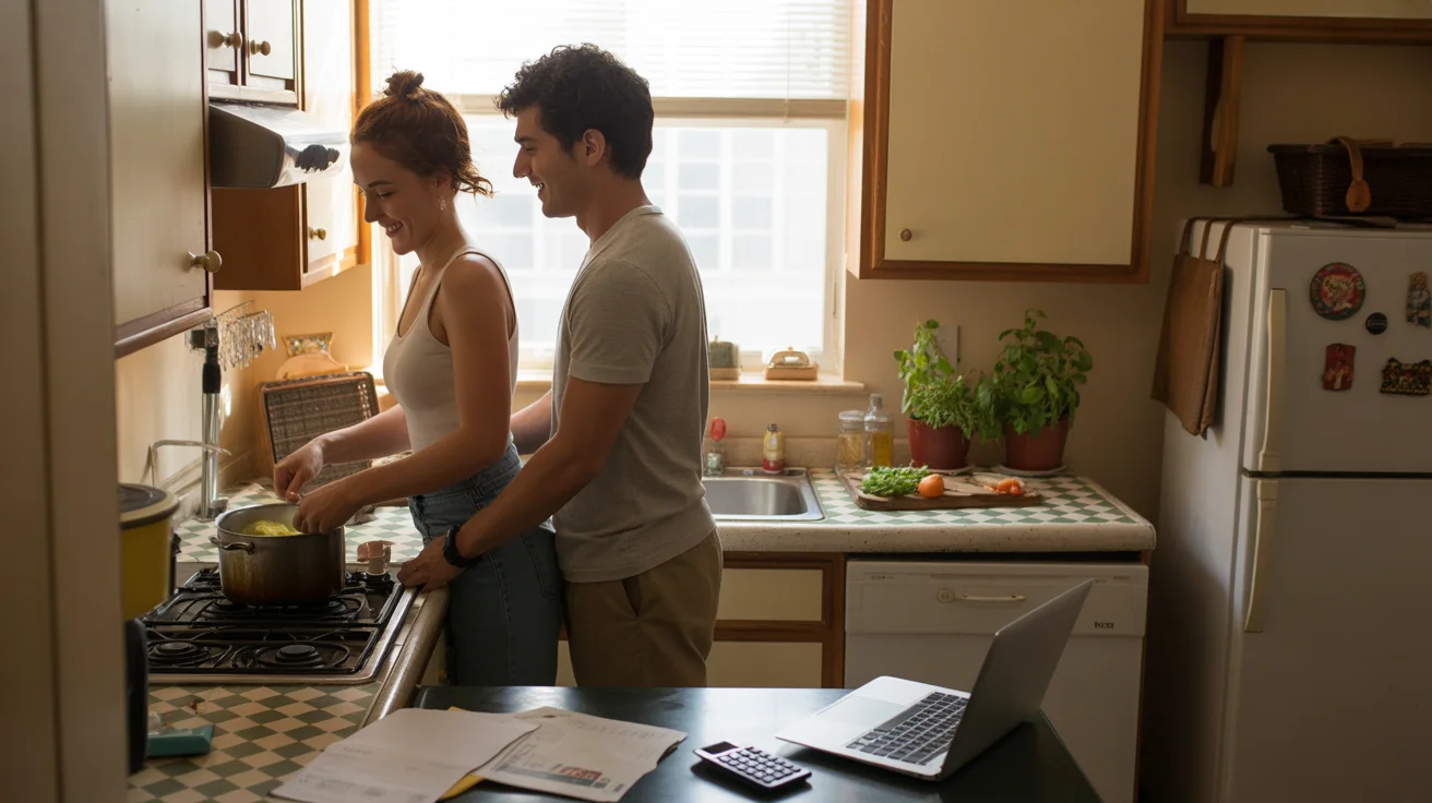 A young couple cooks dinner together in a small, warmly lit apartment kitchen in Tempe, AZ