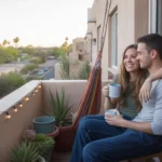 Couple relaxing on their apartment balcony in Tempe, AZ at sunset