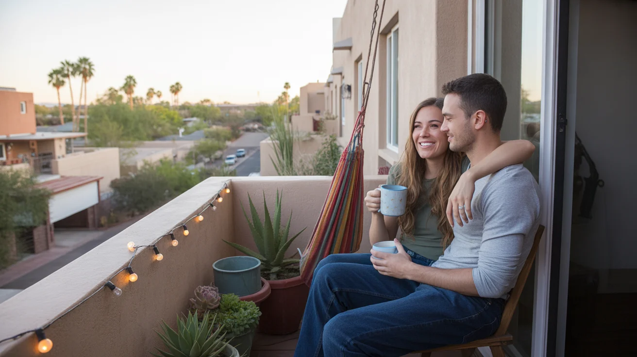 Couple relaxing on their apartment balcony in Tempe, AZ at sunset