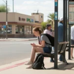 High school student waiting for the bus near a strip mall in Peoria, Arizona
