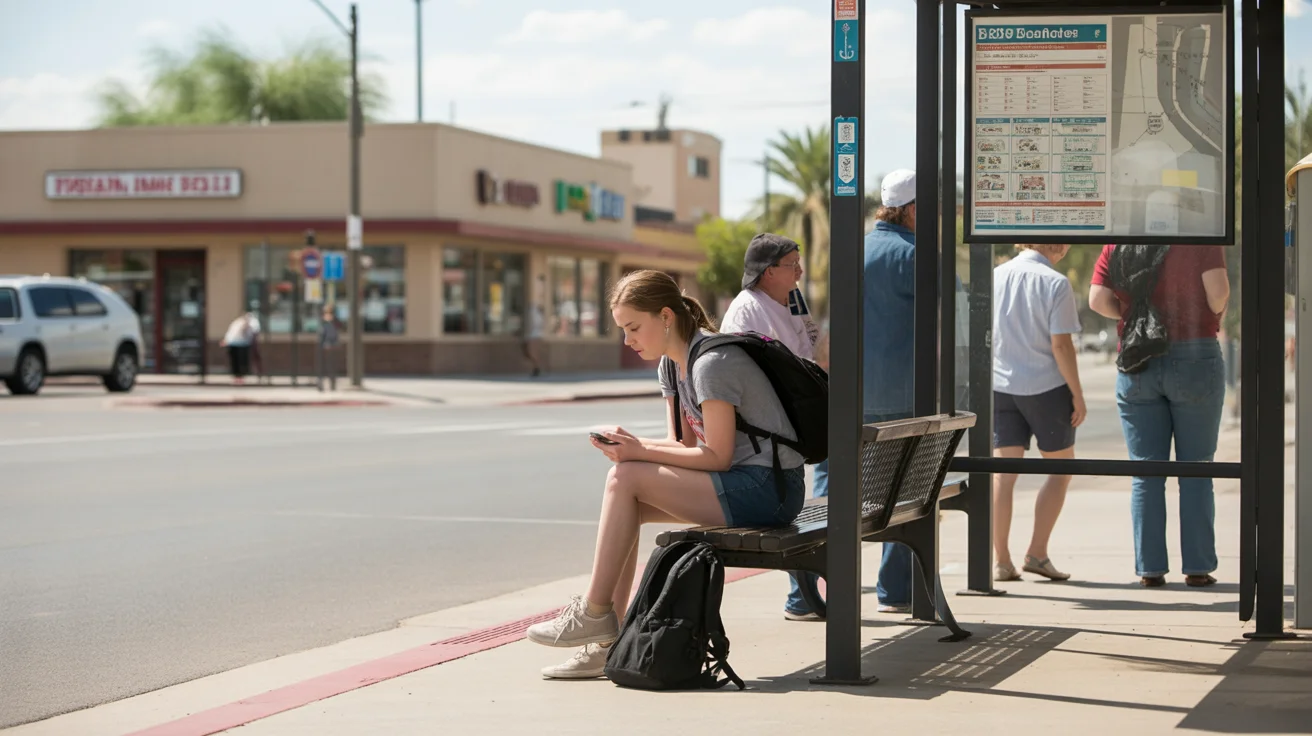 High school student waiting for the bus near a strip mall in Peoria, Arizona
