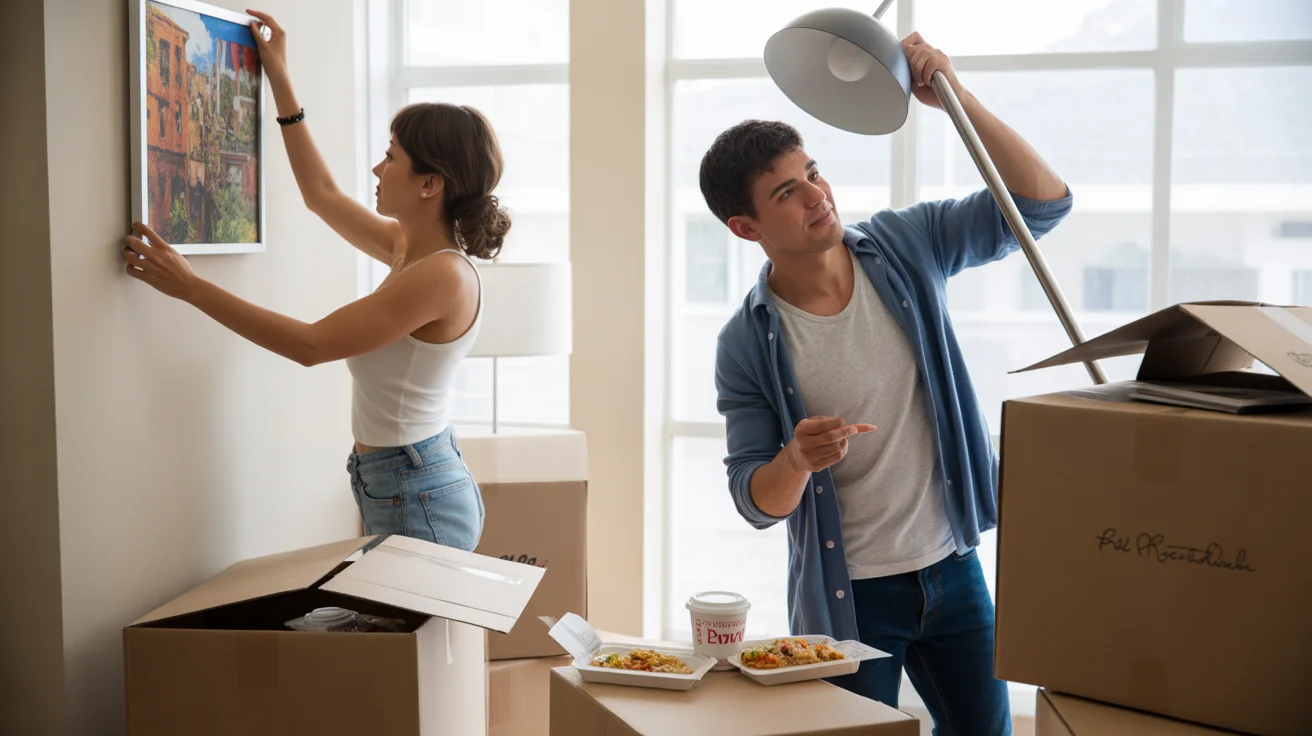 Couple unpacking in their new Scottsdale apartment surrounded by boxes