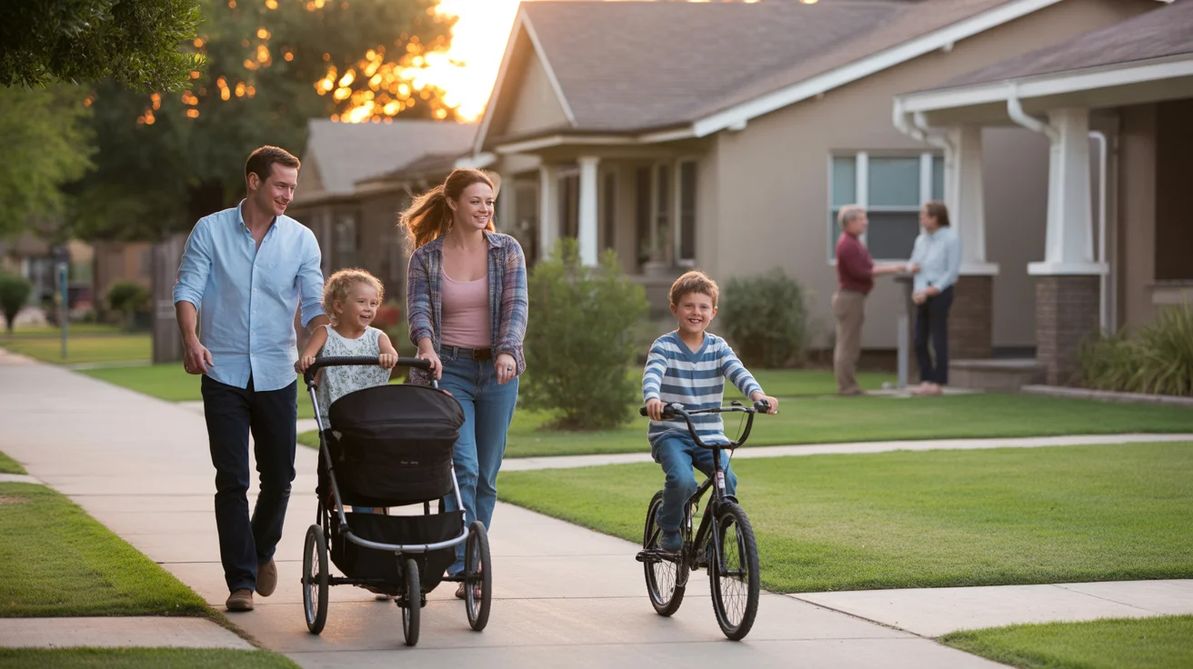 Family takes an evening stroll through their tranquil Gilbert neighborhood