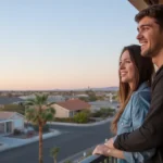 Couple on apartment balcony looking at houses in El Mirage at sunset