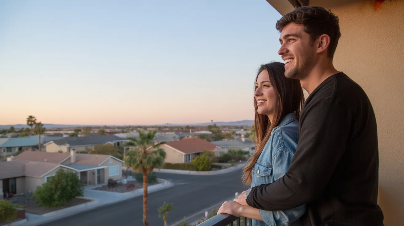 Couple on apartment balcony looking at houses in El Mirage at sunset