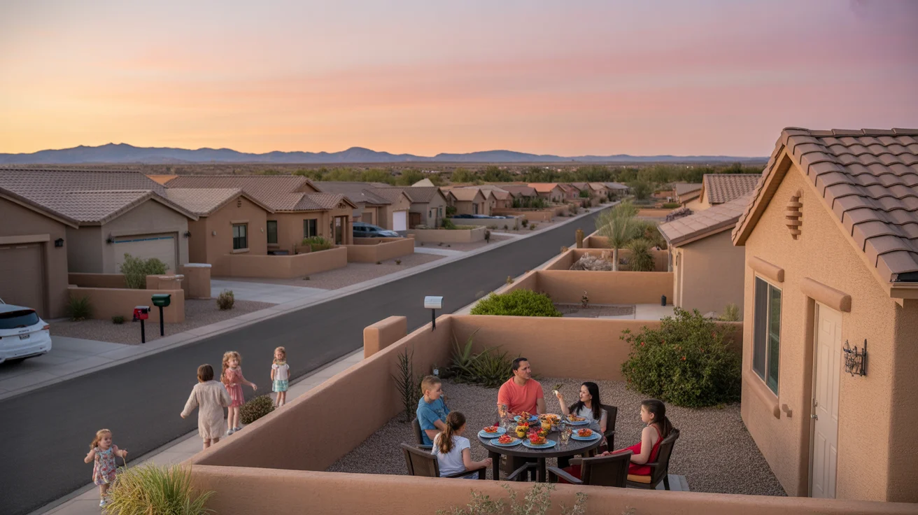 Aerial view of a Maricopa, AZ neighborhood at sunset with mountains in the distance