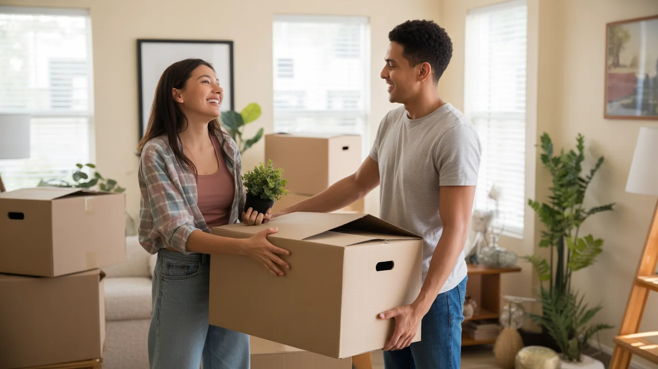 Couple unpacking in their new Tempe apartment, looking happy and excited
