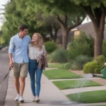 Couple walking dog on residential street in Avondale, Arizona