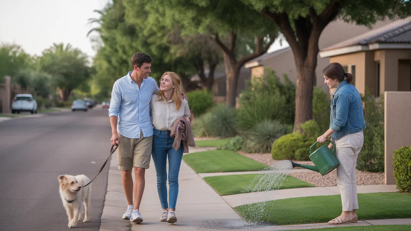 Couple walking dog on residential street in Avondale, Arizona