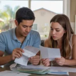 Couple reviewing utility bills and bank statements at kitchen table