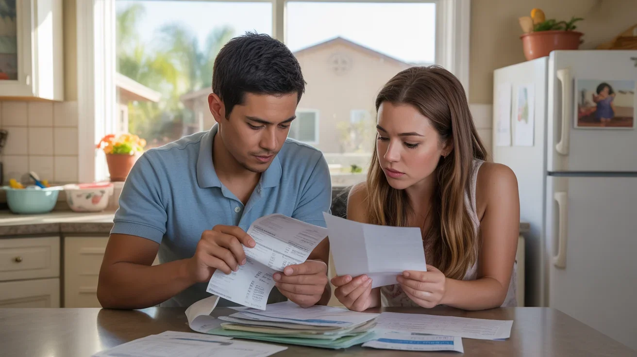 Couple reviewing utility bills and bank statements at kitchen table