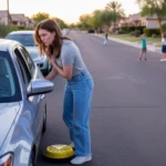 Woman discovers parking boot on car in Maricopa AZ residential neighborhood at sunset