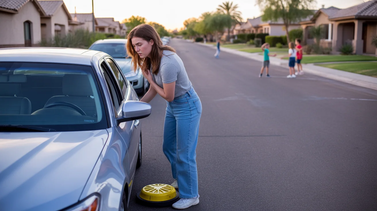 Woman discovers parking boot on car in Maricopa AZ residential neighborhood at sunset