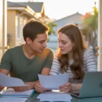 Couple reviewing monthly budget at kitchen table in Riverside, CA home at sunset