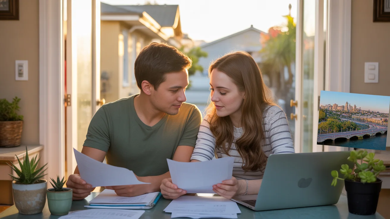 Couple reviewing monthly budget at kitchen table in Riverside, CA home at sunset