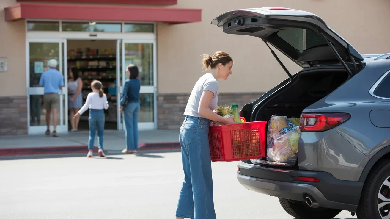 Woman loading groceries into car trunk outside supermarket in Gilbert, AZ