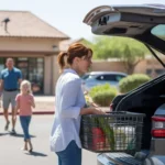Woman loading groceries into car trunk in Queen Creek, AZ neighborhood