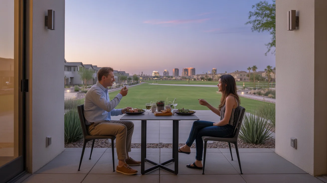 Couple dining on patio of modern Gilbert townhome at dusk