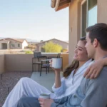 Couple drinking coffee on apartment patio with Buckeye houses in background