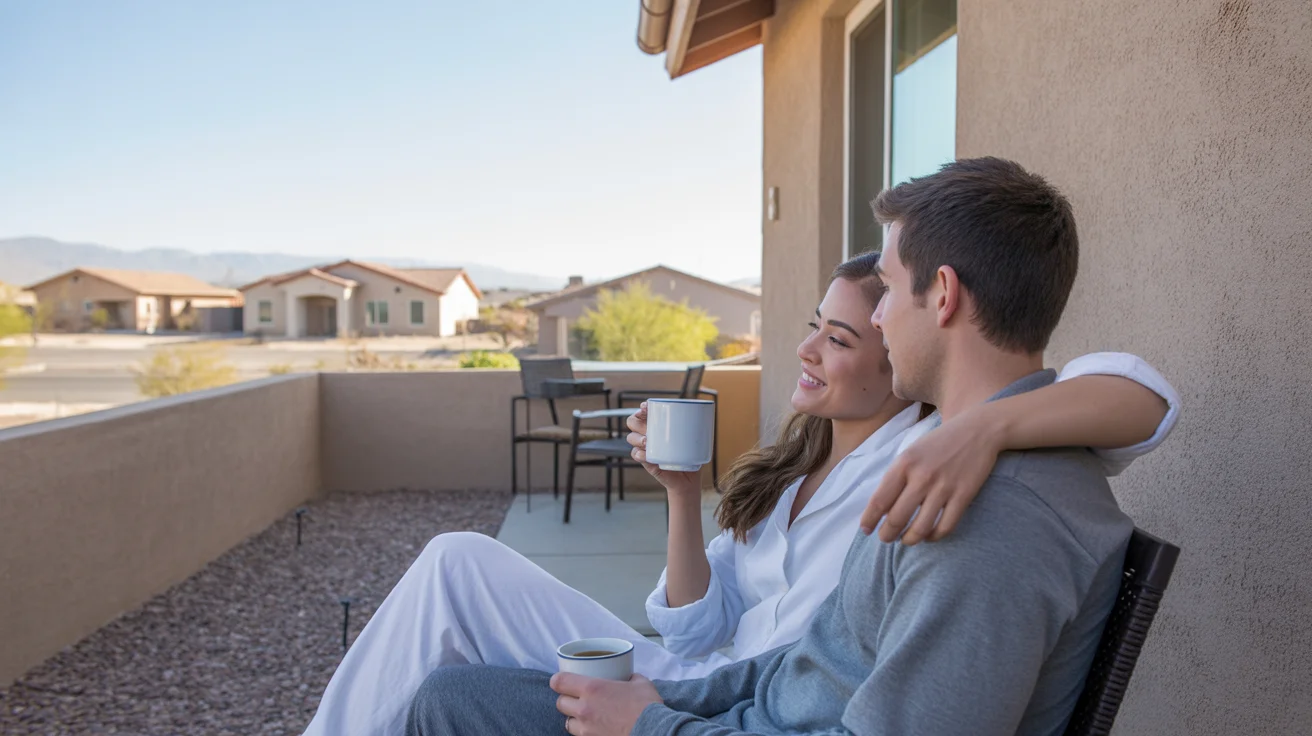 Couple drinking coffee on apartment patio with Buckeye houses in background